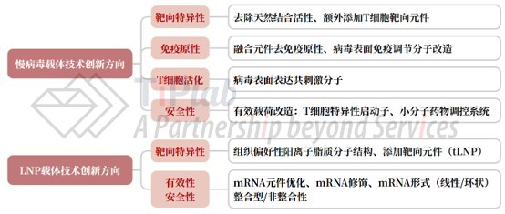 图1 In vivo CAR-T慢病毒载体和LNP载体领域的主要技术创新方向